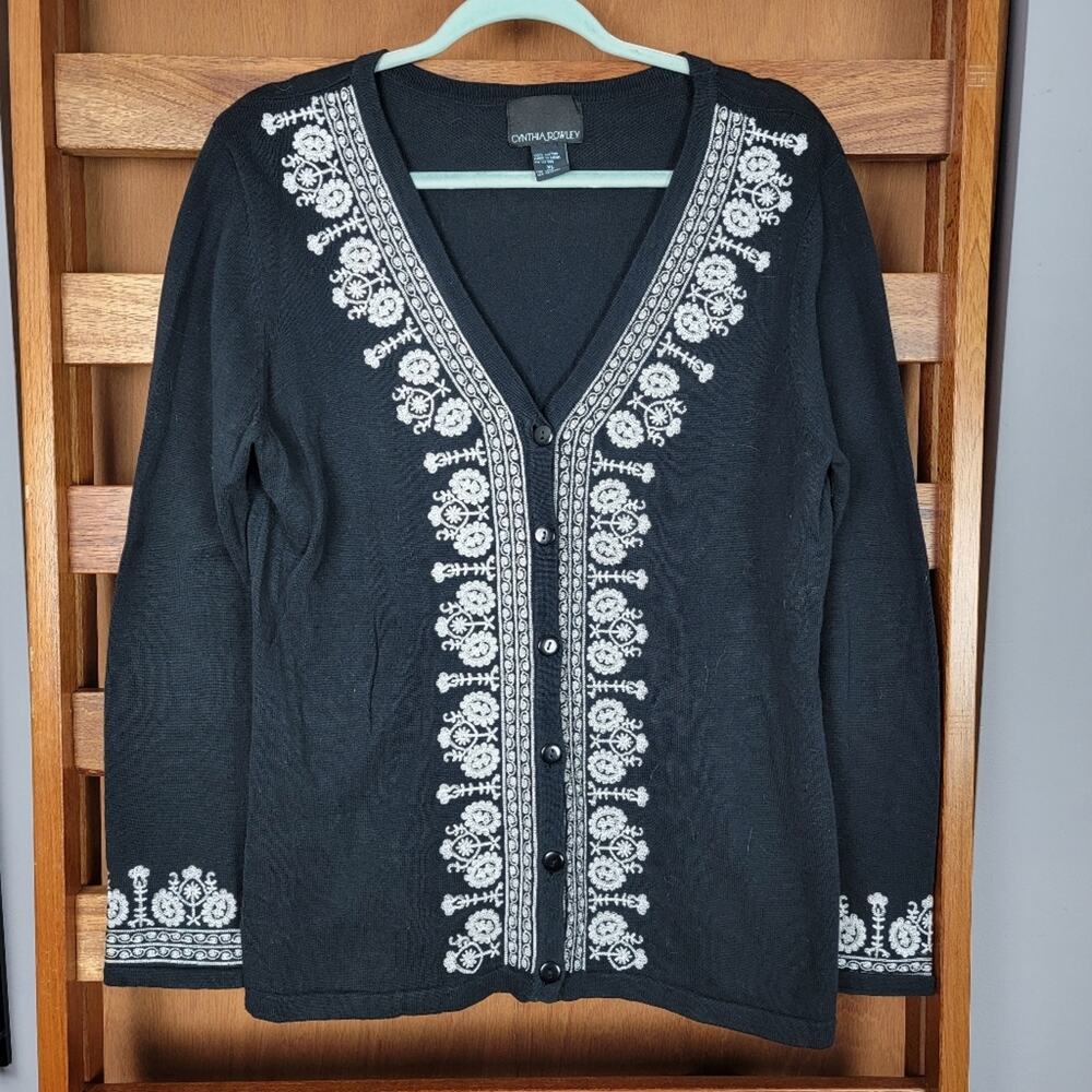 Cynthia Rowley Black & White Embroidered V-Neck Sweater, Sz XL